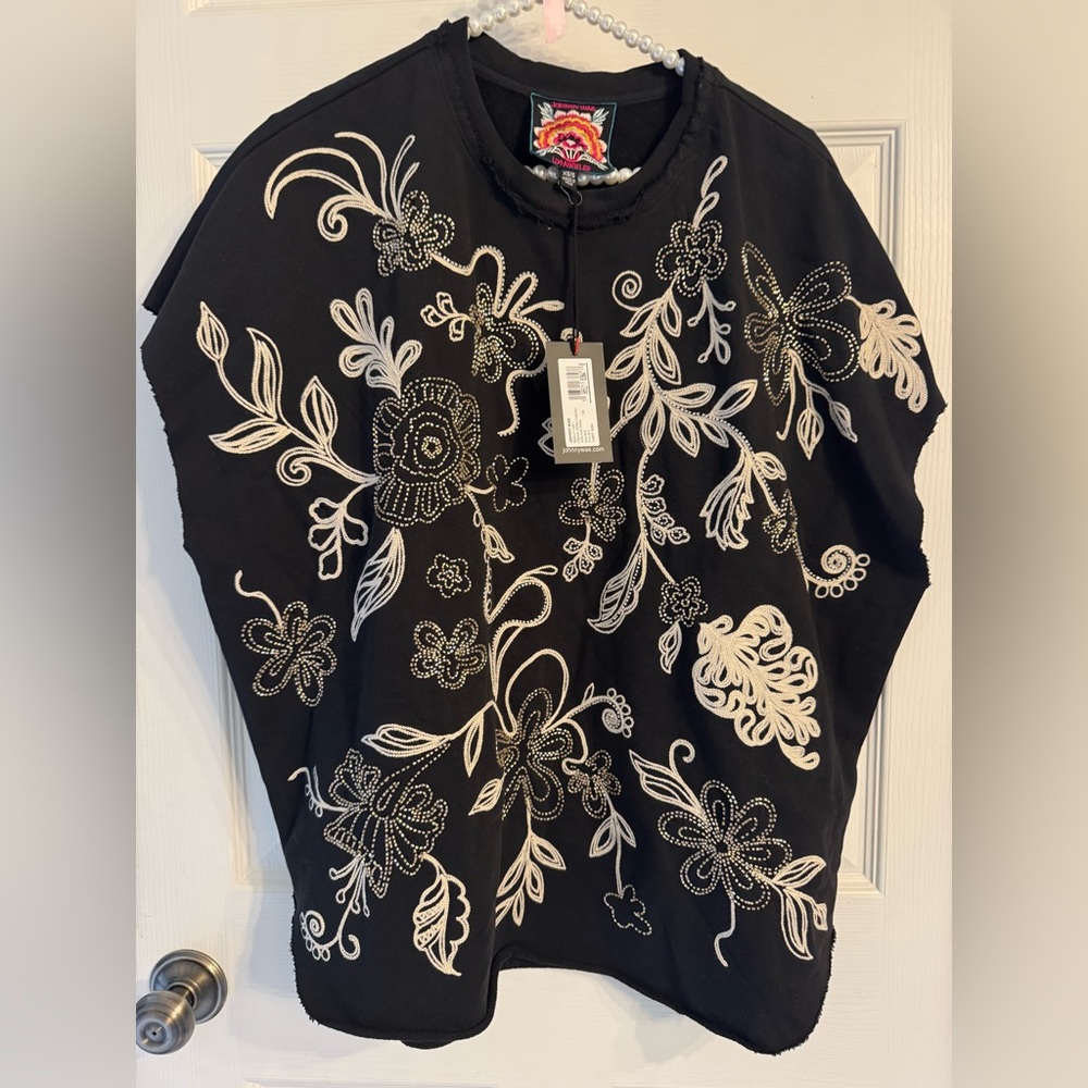 NWTJohnny Was Black Sweater with White Floral Embroidery
